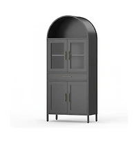 gaomon 73 Inch Arched Cabinet with Glass Doors, Metal Kitchen Pantry with Storage Drawer and 2 Adjustable Shelves, Modern Display Bookcase