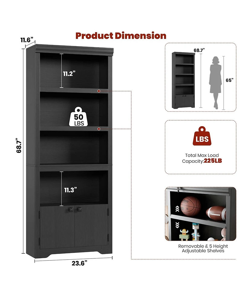 gaomon 5 Tier Farmhouse Bookshelf 69 Inch Tall with 2 Doors and Adjustable Shelves Anti-Slip Storage Rack for Home Office Living Room Library