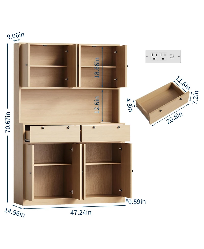 gaomon Tall Kitchen Pantry Cabinet with Charging Station, 8 Doors, 2 Drawers, for and Dining Room