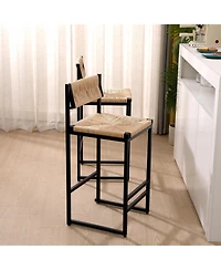 Flynama Set Of 2 Hand Woven Paper Rope Bar Stools with Backrest Metal Frame Modern Dining Chairs for Kitchen Island Counter