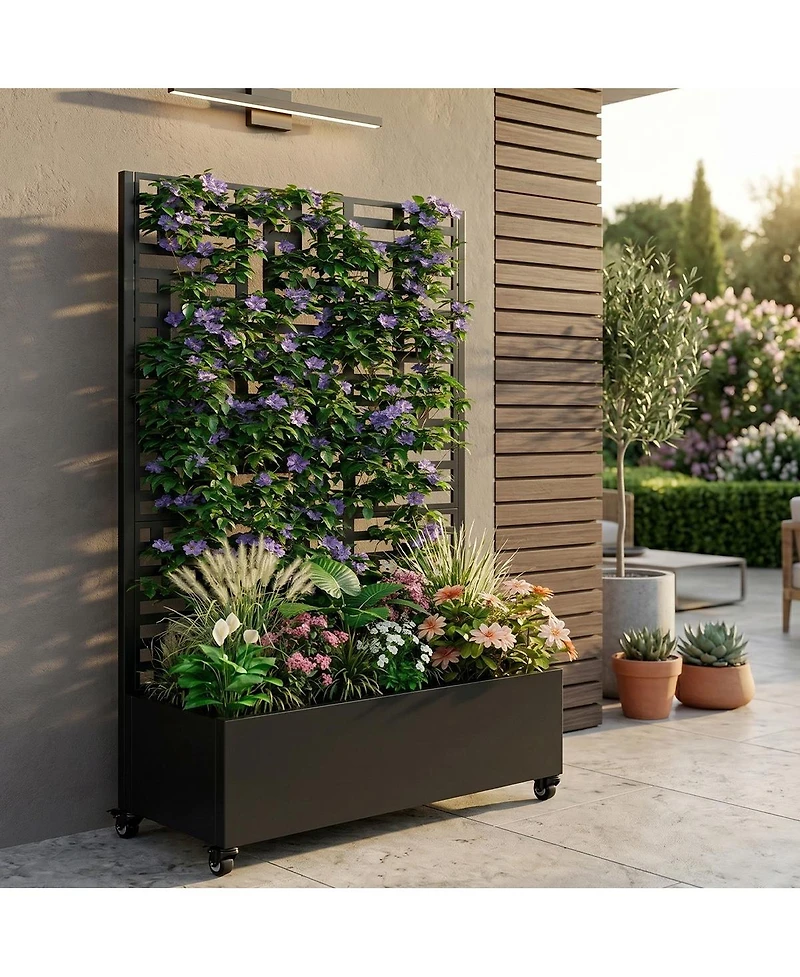Asagikoiai Outdoor Metal Planter Box with Trellis, Raised Garden Bed with Wheels and Privacy Screen