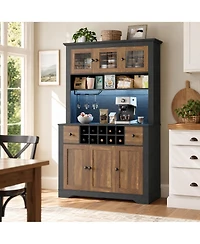 homfan 68.7 Inch Kitchen Pantry Cabinet with Led Lights and Charging Station, Large Hutch Wine Rack Adjustable Shelves