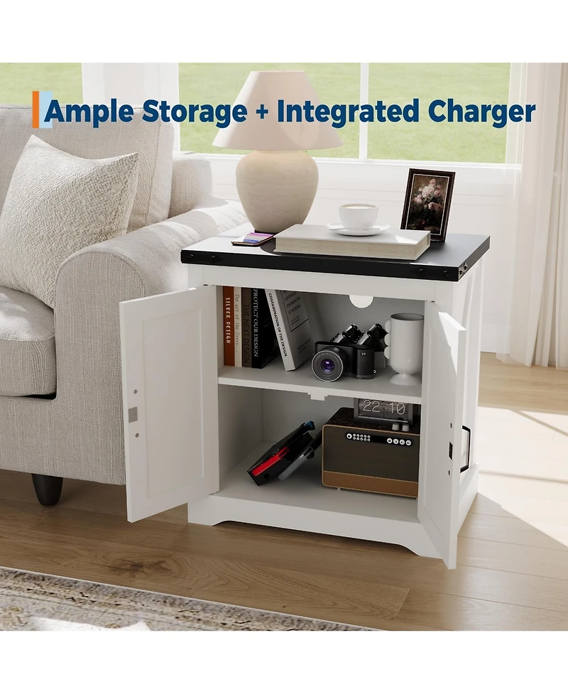 homfan Farmhouse End Table with Charging Station, Barn Door Nightstand with Adjustable Shelf for Bedroom, Living Room, or Office