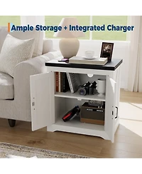 homfan Farmhouse End Table with Charging Station, Barn Door Nightstand with Adjustable Shelf for Bedroom, Living Room, or Office