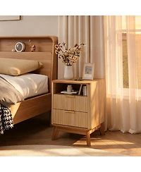 homfan Fluted Nightstand with Charging Station, Curved Side Table 2 Drawers and Open Cubby, Bedroom or Living Room End Table, Single Set of