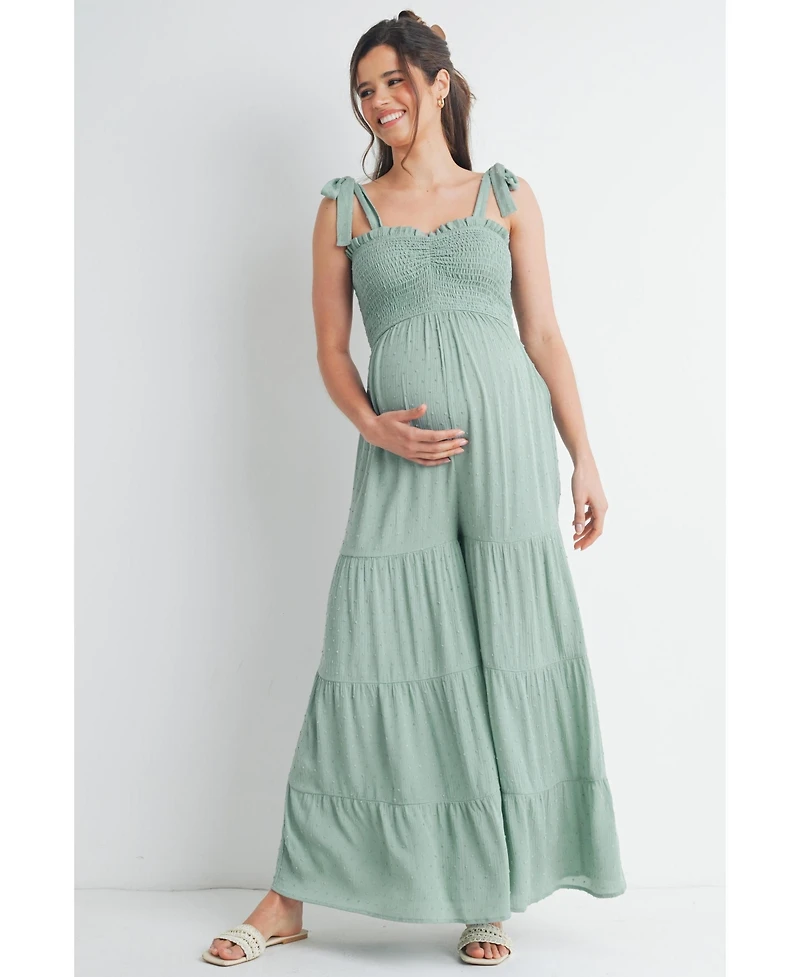 Hello Miz Maternity Sleeveless Smocked Wide Leg Jumpsuit with Tie Straps