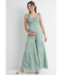 Hello Miz Maternity Sleeveless Smocked Wide Leg Jumpsuit with Tie Straps