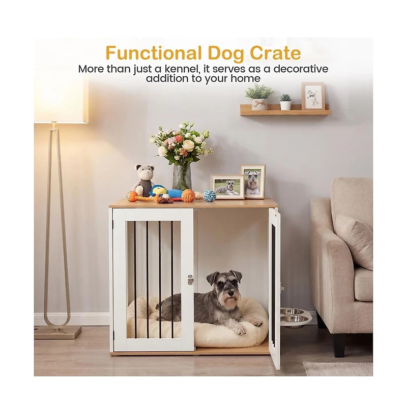 Ruie Wooden Dog Crate Furniture with Double Lock Doors and Rotating Feeder