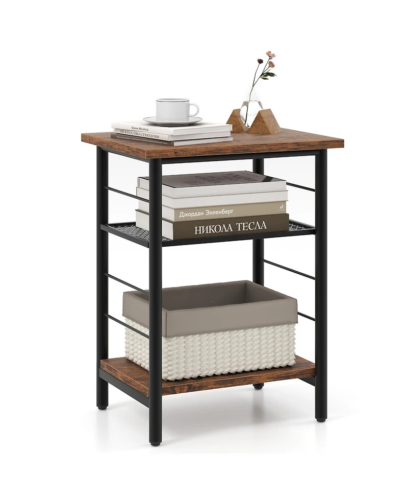 Gymax 3-Tier Side End Table with Adjustable Mesh Shelf Narrow Nightstand
