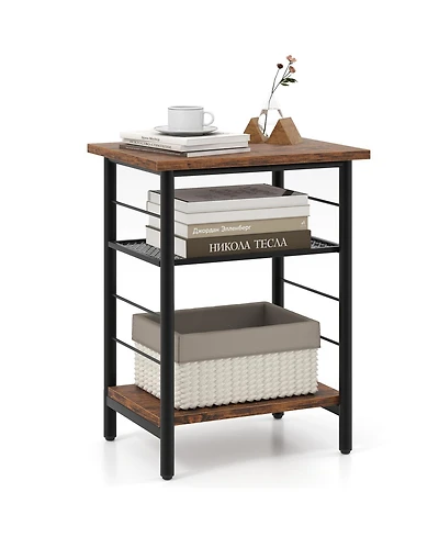 Gymax 3-Tier Side End Table with Adjustable Mesh Shelf Narrow Nightstand
