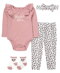 Baby Essentials Baby Girls' Long-Sleeve Bodysuit, Leggings, Socks and Headband, 4-Piece Set