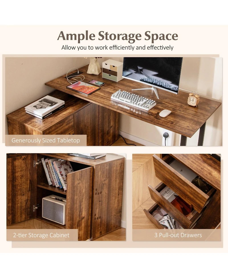Slickblue L Shaped Computer Desk with File Cabinet and Integrated Power Outlet