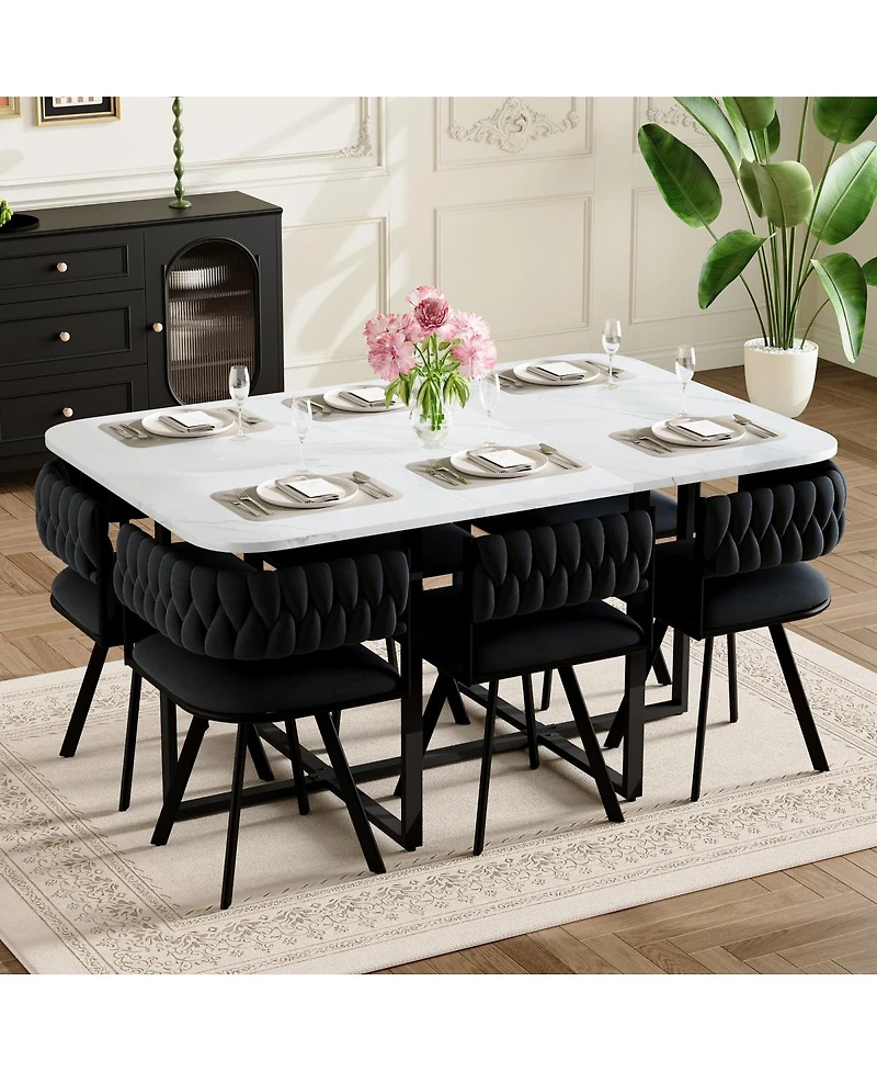 Streamdale Furniture 7-Piece Faux Marble Dining Set with 6 Velvet Chairs