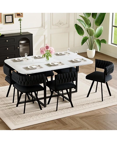 Streamdale Furniture 7-Piece Faux Marble Dining Set with 6 Velvet Chairs