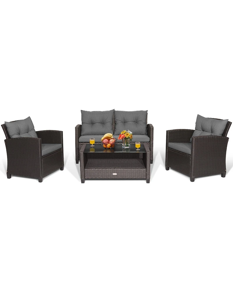 Gymax 8 Pc. Rattan Patio Furniture Set with Glass Table, Shelf and Sofa Cushions