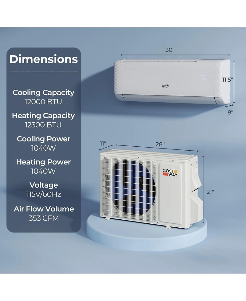 Costway 12000BTU Wifi Enabled Mini Split Ac 22 SEER2115V Inverter Air Conditioner