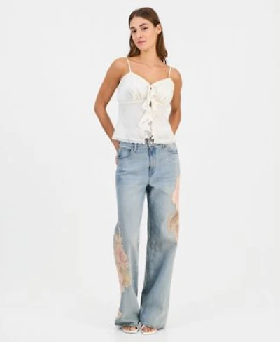Guess Womens Sleeveless Saisha Babydoll Top Rey Floral Applique Wide Leg Jeans