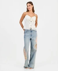 Guess Womens Sleeveless Saisha Babydoll Top Rey Floral Applique Wide Leg Jeans