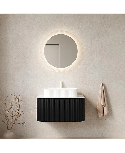 Sillysis Wall Mounted Bathroom Vanity with Ceramic Sink, Matte Stripe Plywood Cabinet, Soft Close Drawer