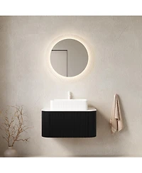 Sillysis Wall Mounted Bathroom Vanity with Ceramic Sink, Matte Stripe Plywood Cabinet, Soft Close Drawer