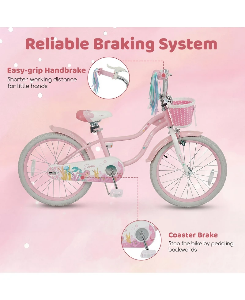 Gymax 20'' Girls Bike w/Removable Basket Streamers Hand Brake and Coaster Saddle