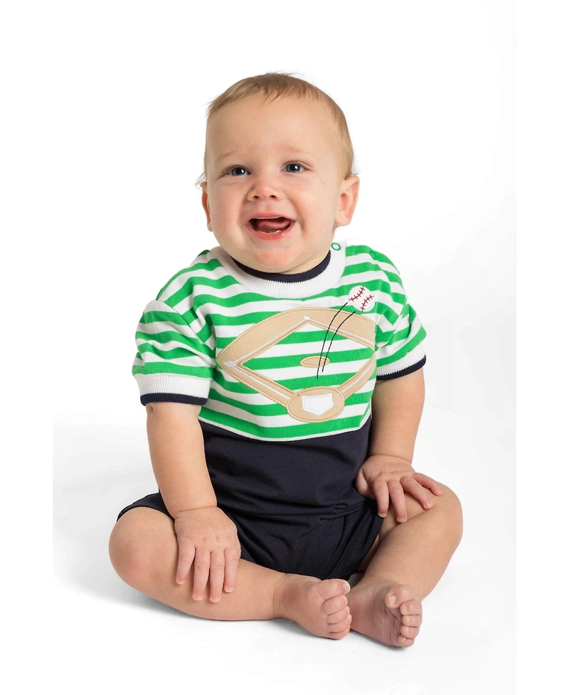 Florence Eiseman Baby Boys Stripe Knit Shortall With Baseball Field