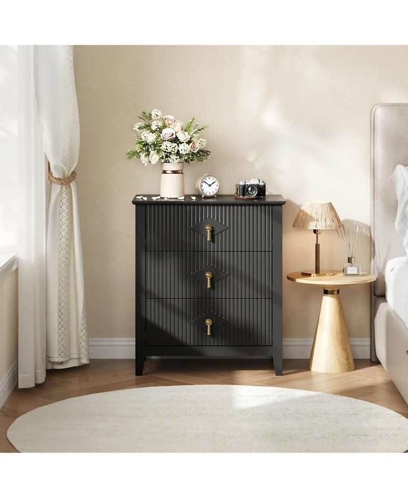 homfan Fluted 3-Drawer Nightstand Dresser with Metal Handles, 27.5" Wide Storage End Table for Bedroom, Living Room, Hallway