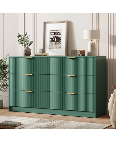homfan 6-Drawer Fluted Dresser Chest with Metal Handles, Modern Wide Storage Organizer for Bedroom, Living Room, Entryway or Hallway