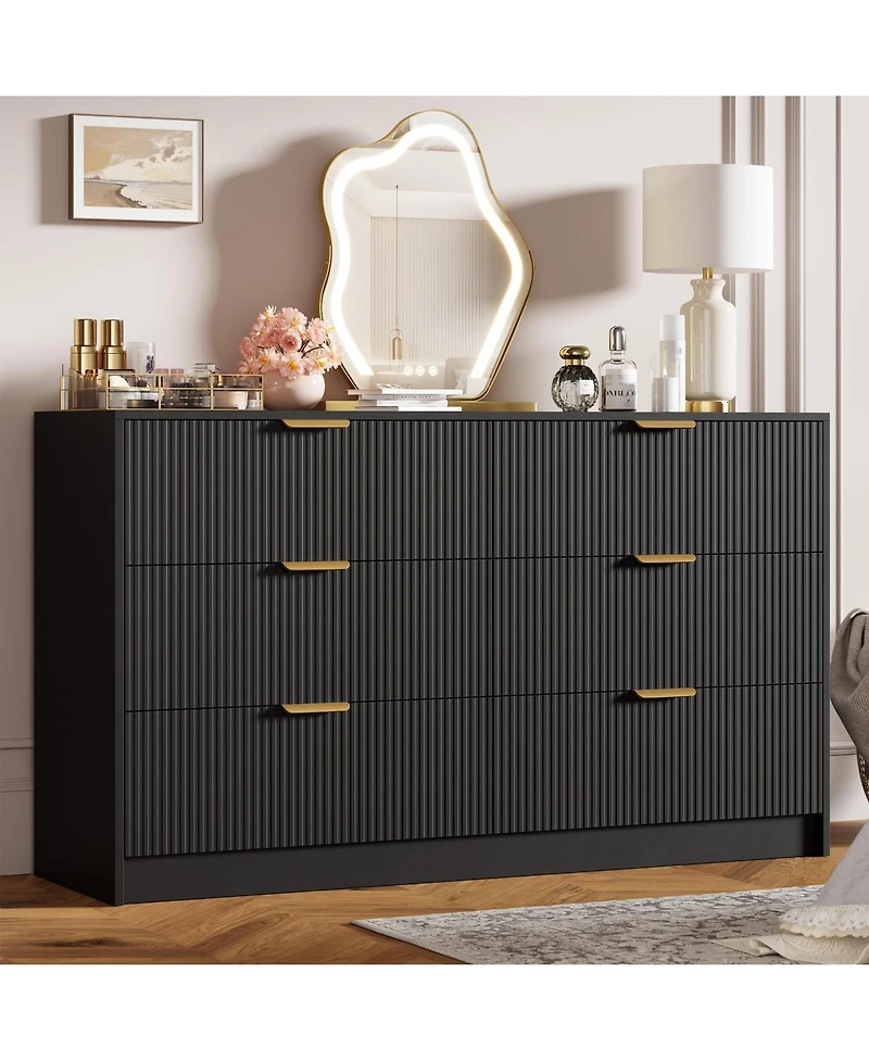 homfan 6-Drawer Fluted Dresser Chest with Metal Handles, Modern Wide Storage Organizer for Bedroom, Living Room, Entryway or Hallway