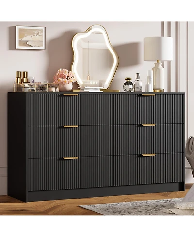 homfan 6-Drawer Fluted Dresser Chest with Metal Handles, Modern Wide Storage Organizer for Bedroom, Living Room, Entryway or Hallway