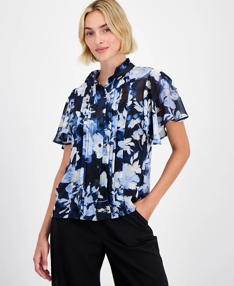Anne Klein Women's Pleated-Front Flutter-Sleeve Blouse