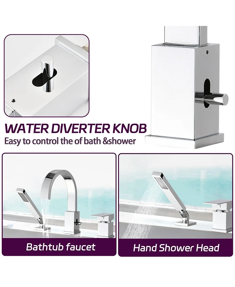 Phying Waterfall Bathtub Faucet with Sprayer, 3-Hole Roman Tub Filler with Hand Shower Deck Mount Waterfall Tub Spout Set