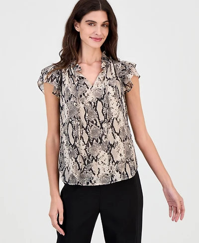 Anne Klein Women's Printed Ruffle-Sleeve Tie-Neck Top