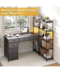 gaomon L-Shaped Gaming Desk with 6 Drawers - Corner Pc Table Open Shelves, Power Outlets and Led Lights