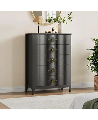 homfan Fluted 5-Drawer Dresser Chest with Metal Handles, 32 inch Wide Storage Tv Stand for Bedroom, Living Room, Hallway