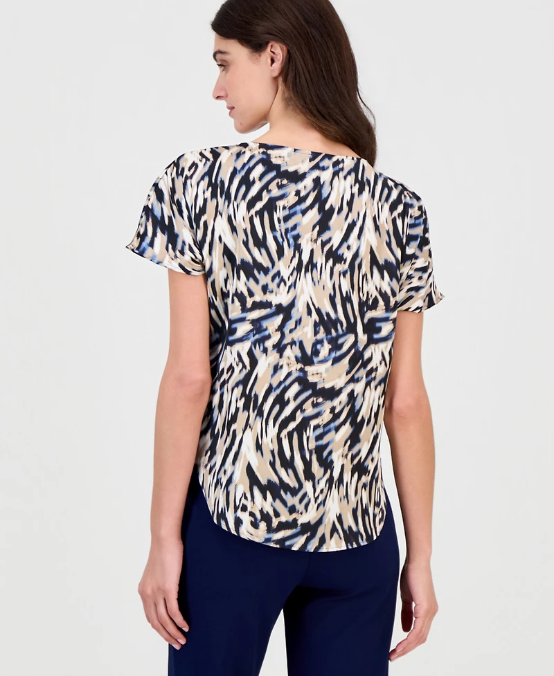Anne Klein Women's Printed Boat-Neck Short-Sleeve Top