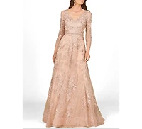 Lara Women's Long Sleeve V-Neck Lace Gown with Beaded Belt