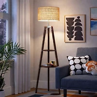 Modern Tripod Floor Lamp with Rattan Shade and Dual Shelves