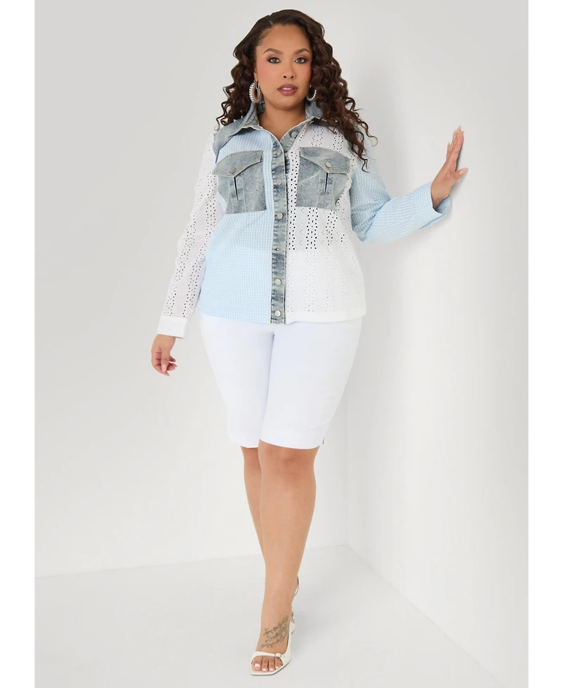 Ashley Stewart Women's Embroidered Eyelet Paneled Shirt