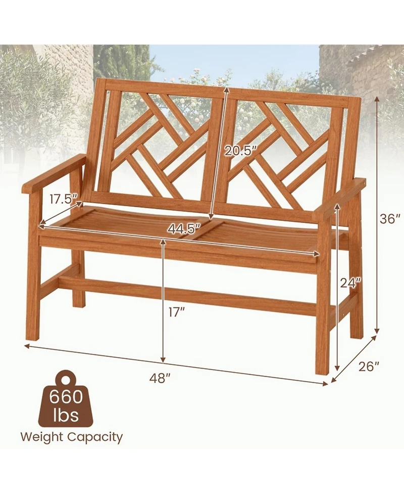 Yiortwo Outdoor Wood Patio Bench, 2-Person Loveseat Chair with Geometric Backrest