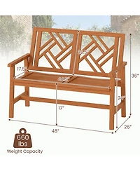 Yiortwo Outdoor Wood Patio Bench, 2-Person Loveseat Chair with Geometric Backrest