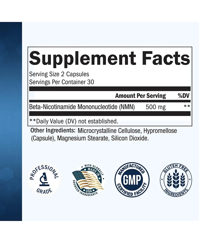 BioSchwartz Nmn Supplement 500 Milligram Nicotinamide Mononucleotide, 60 Capsules, Gluten Free, Third Party Tested