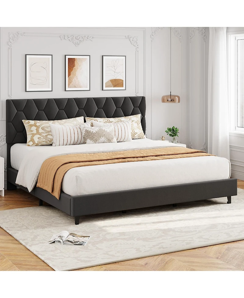 homfan Modern Upholstered Platform Bed Frame, Adjustable Padded Fabric Headboard, Heavy Duty Wooden Slats, No Box Spring Needed, Noise-Free
