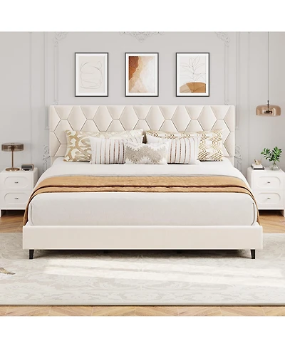 homfan Upholstered Platform Bed Frame with Adjustable Headboard, Wood Slat Support, Quiet Design
