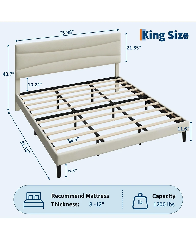 homfan Upholstered Platform Bed Frame with Curved Headboard, Wood Slat Support, Underbed Storage