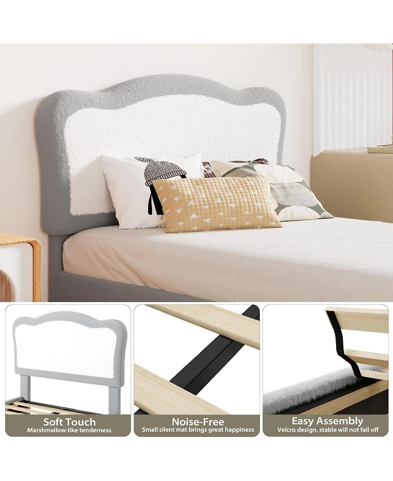 homfan Scalloped Headboard Design Kids Bed Frame, Upholstered Platform, Soft Fabric, Wooden Slats, Sturdy, No Box Seasonal Needed
