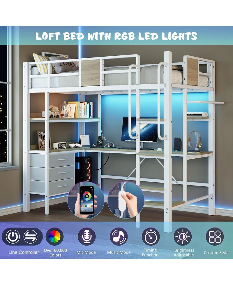 gaomon Twin Loft Bed with Desk, Stairs, Led Lights, Charging Station, 3 Drawers and 2 Shelves for Kids and Teens