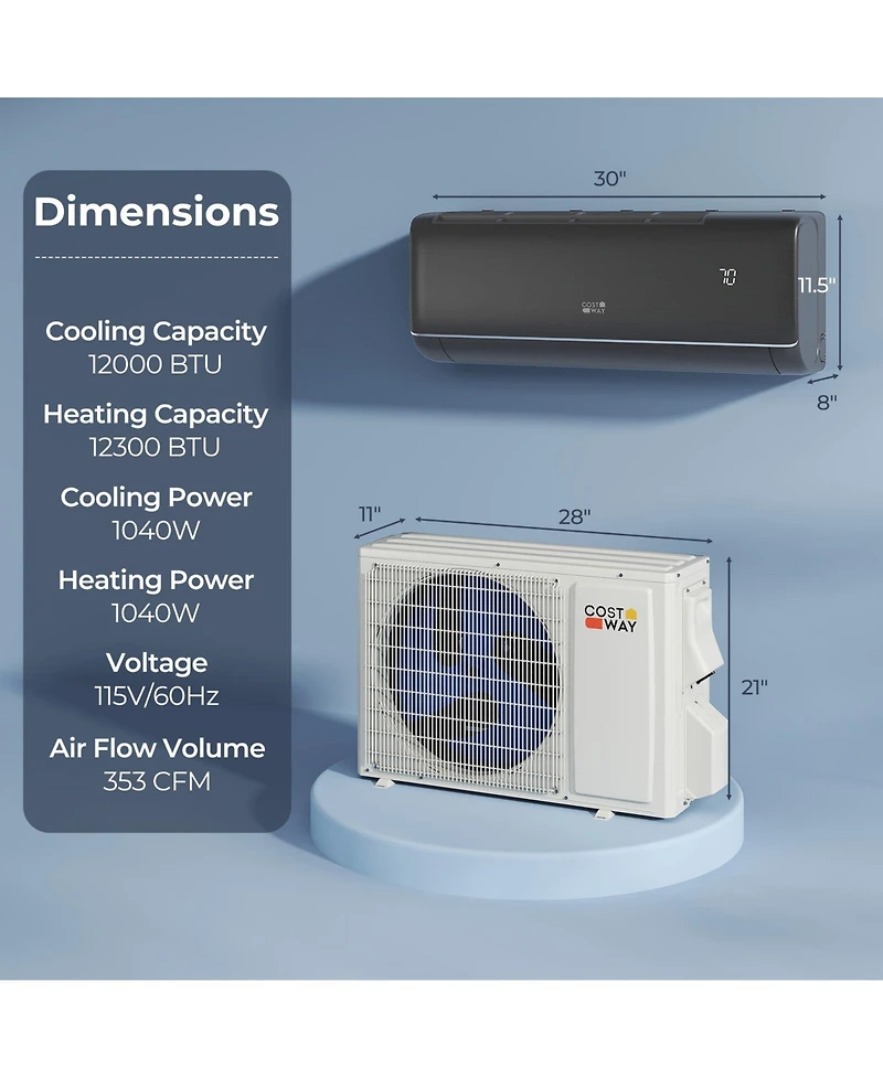 Costway 12000BTU Wifi Enabled Mini Split Ac 22 SEER2115V Inverter Air Conditioner