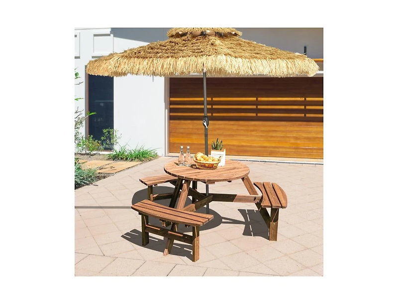 Mondawe 6 Person Wooden Picnic Table Set with Built-in Benches and Umbrella Hole