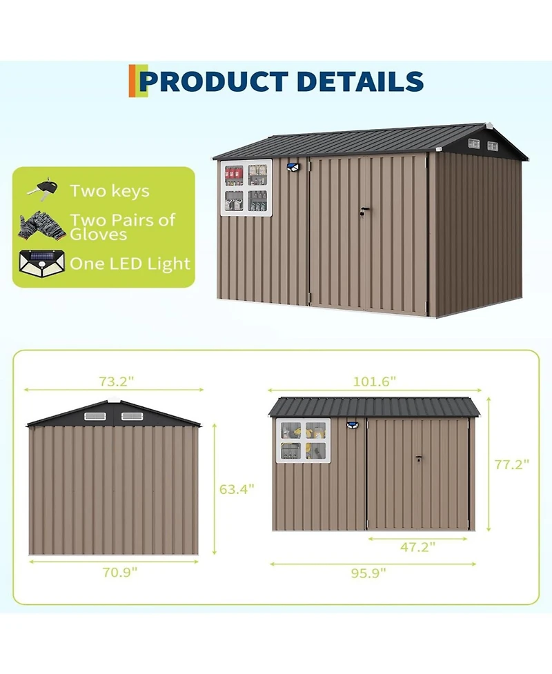 GarveeLife Outdoor Metal Garden Tool Storage Shed With Updated Frame Structure Lockable Doors And Windows For Backyard Patio Lawn